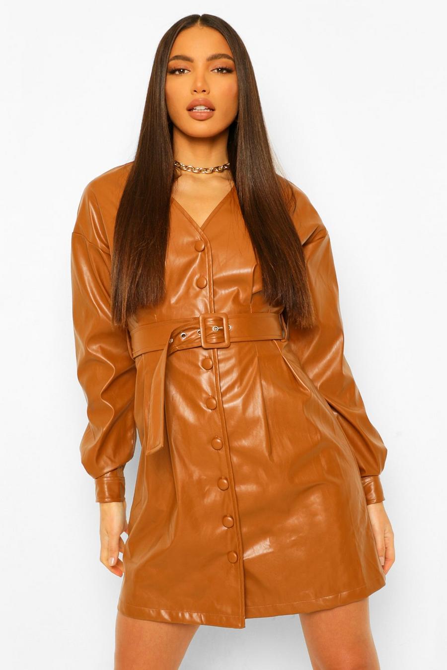 Tan Tall Pu Belted Long Sleeve Mini Dress image number 1