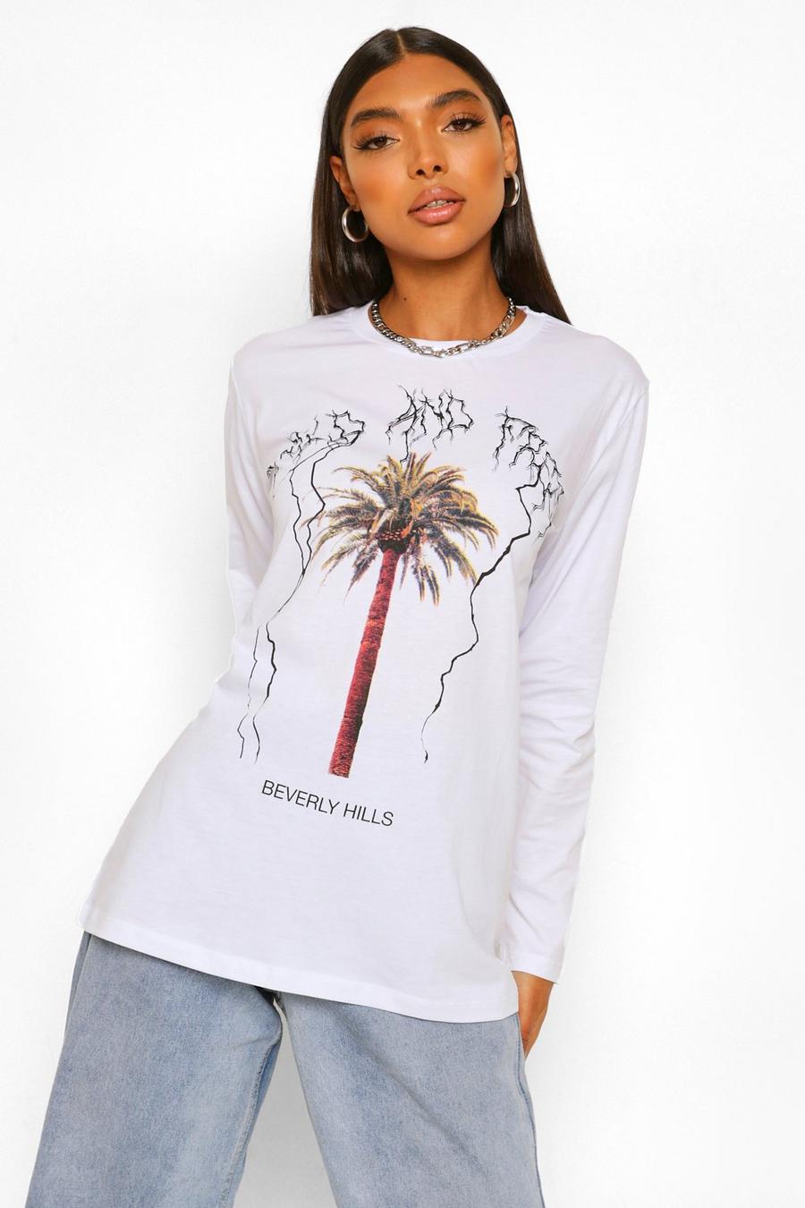 T-shirt a maniche lunghe con grafica Beverly Hills Tall, Bianco image number 1