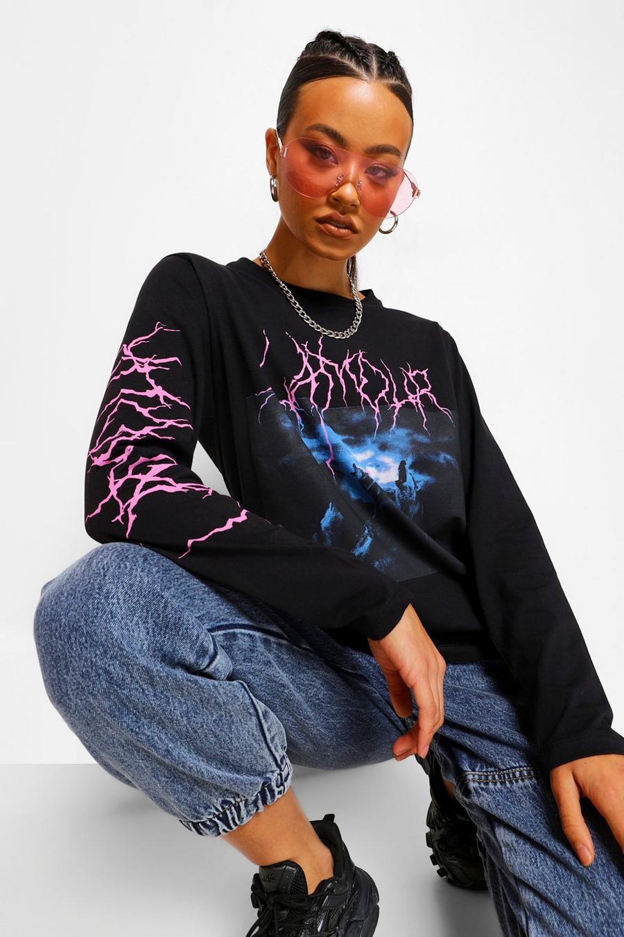 Black Tall Storm Graphic Slogan Long Sleeve T-shirt image number 1