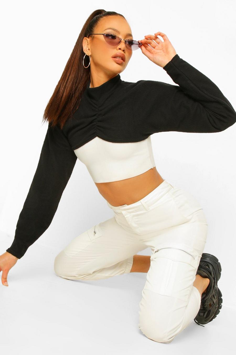 Black Tall Brushed Rib Knit Layer Over Crop Top image number 1