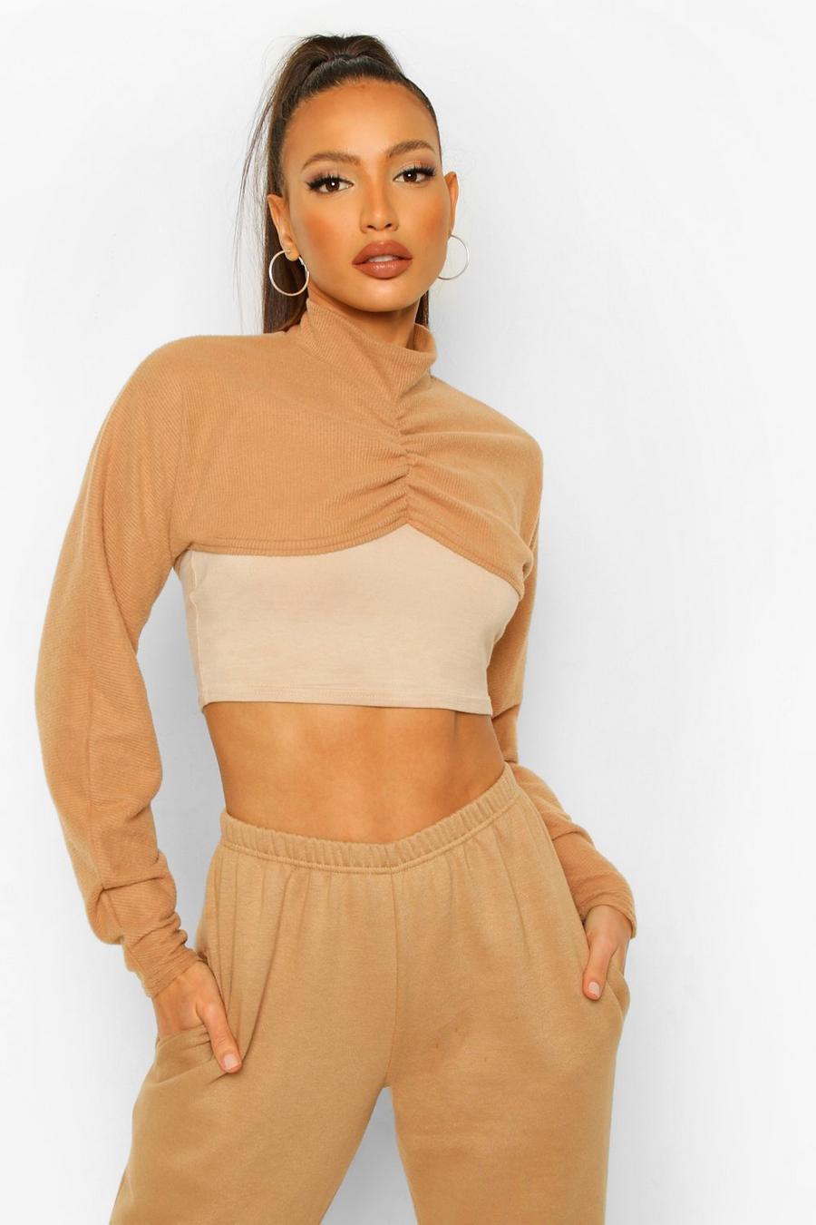 Tan Tall Brushed Rib Knit Layer Over Crop Top image number 1