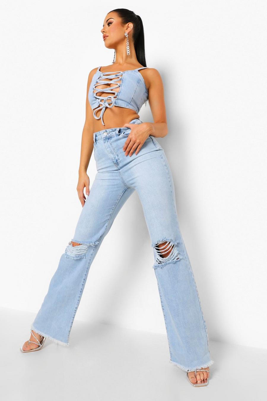 Mid blue Tall - Basic Utsvängda jeans med stretch och slitna knän image number 1