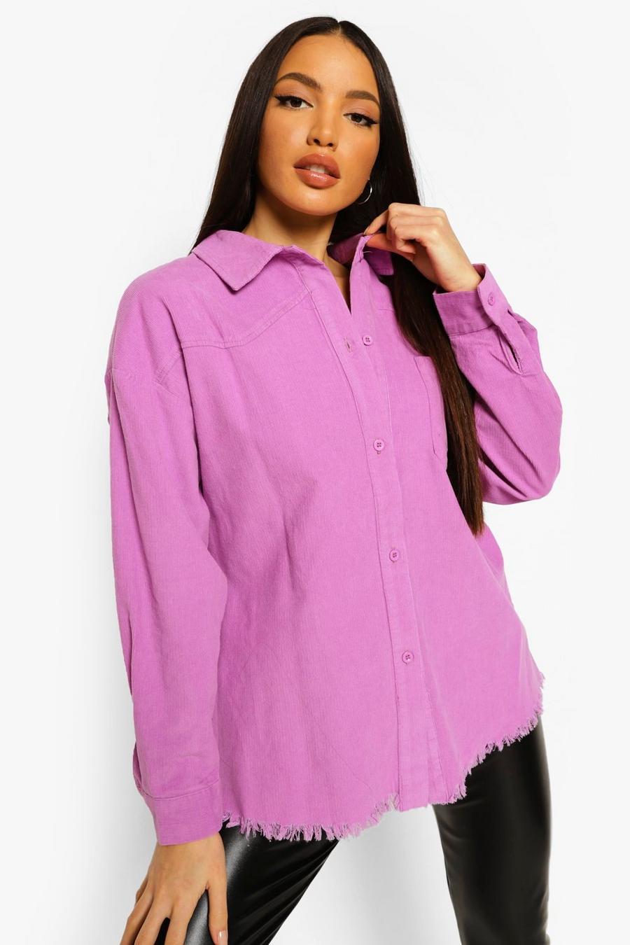 סגול חולצת קורדרוי אוברסייז עם קצוות פרומים לנשים גבוהות  image number 1