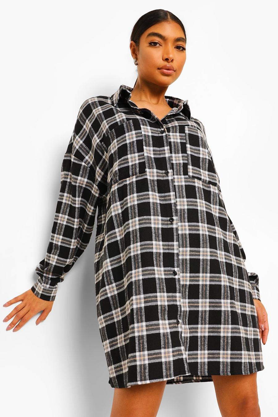 Black Tall Oversized Flannel Shirt Dress image number 1