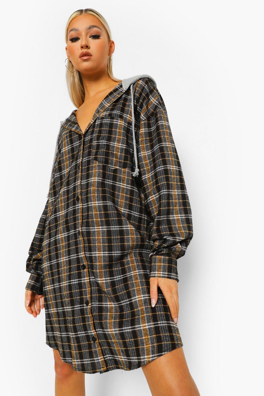 Black Tall Hooded Flannel Print Shirt Dress image number 1