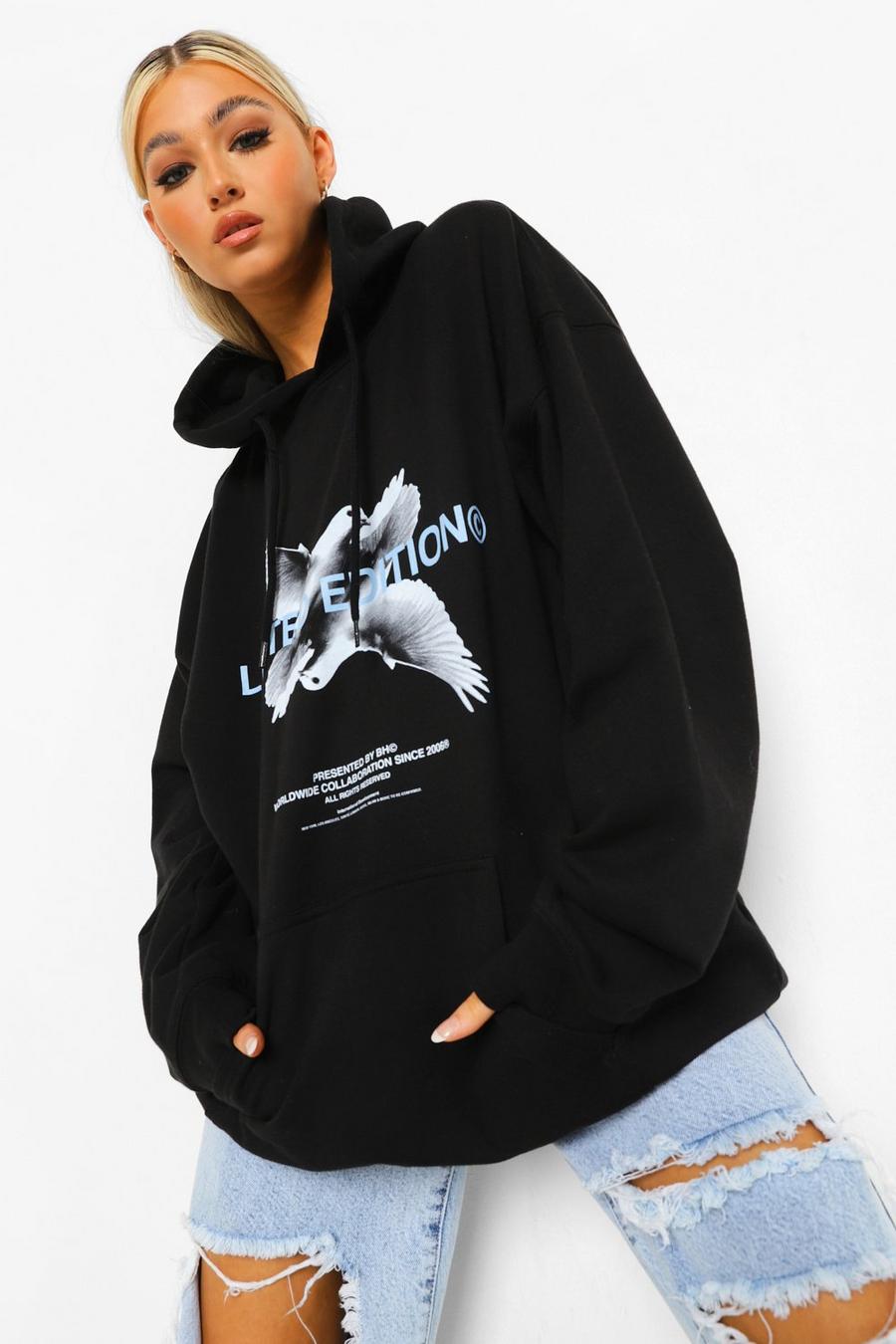 Tall Hoodie mit Taubengrafik , Schwarz image number 1