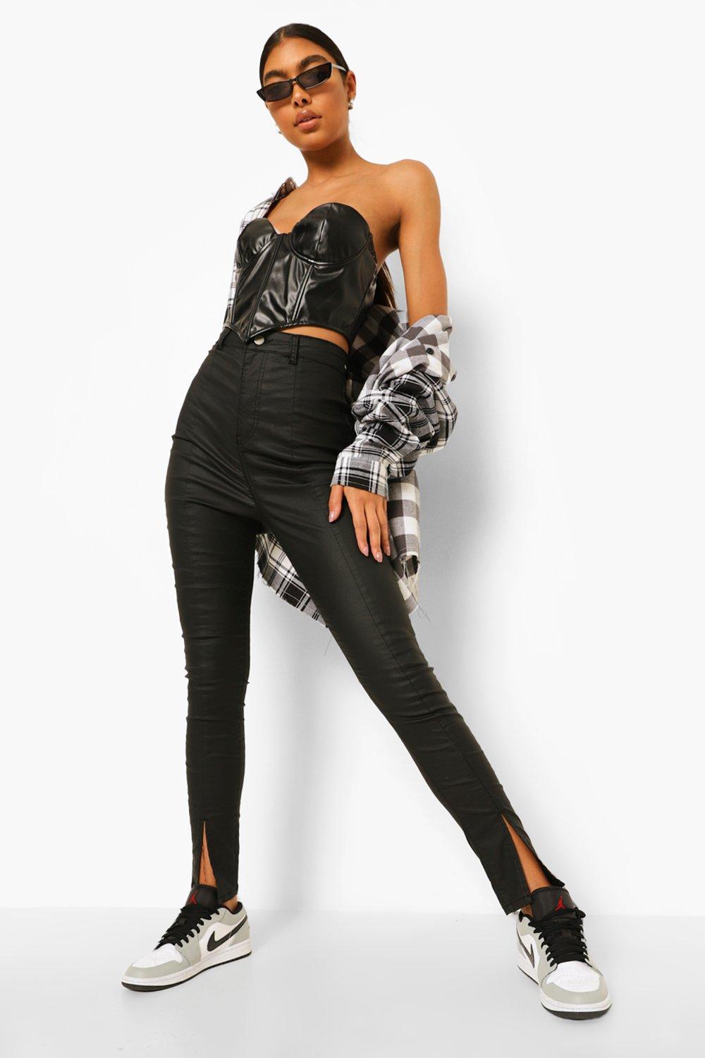 Tall Denim Pu Coated Front Split Skinny Jeans boohoo