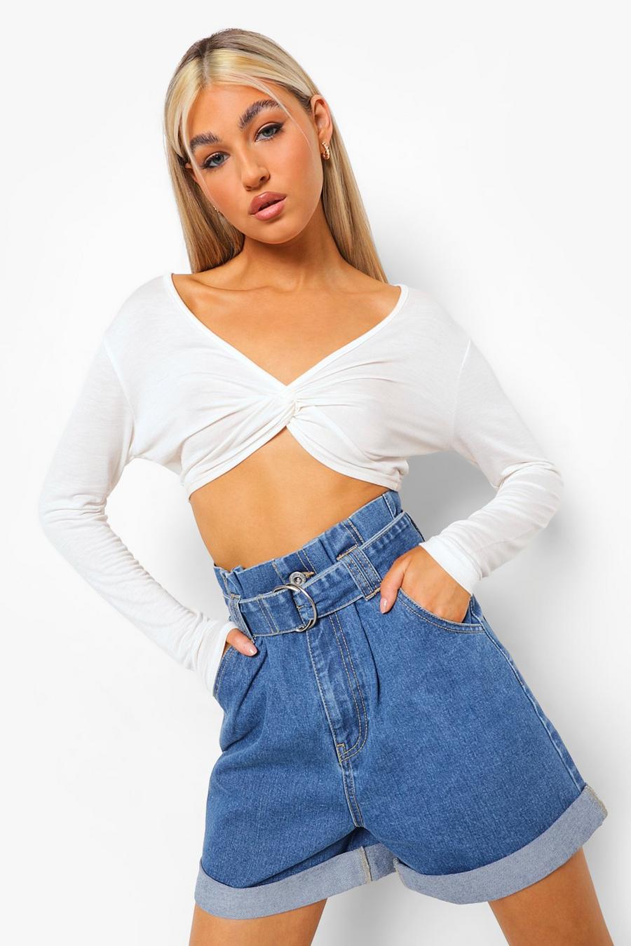 Mid blue Tall Belted Turn Up Denim Shorts image number 1