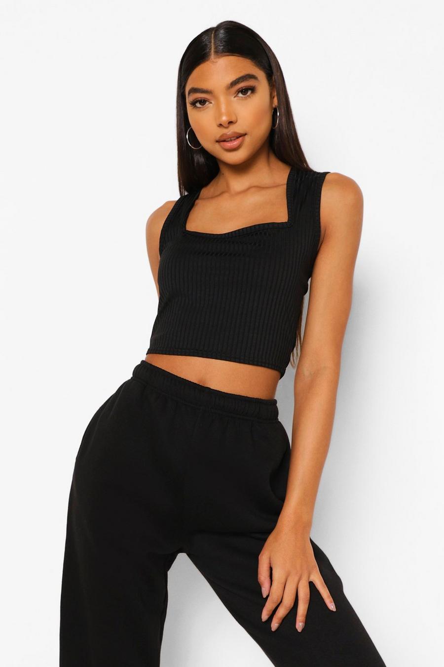 Black Tall Rib Square Neck Crop Top image number 1