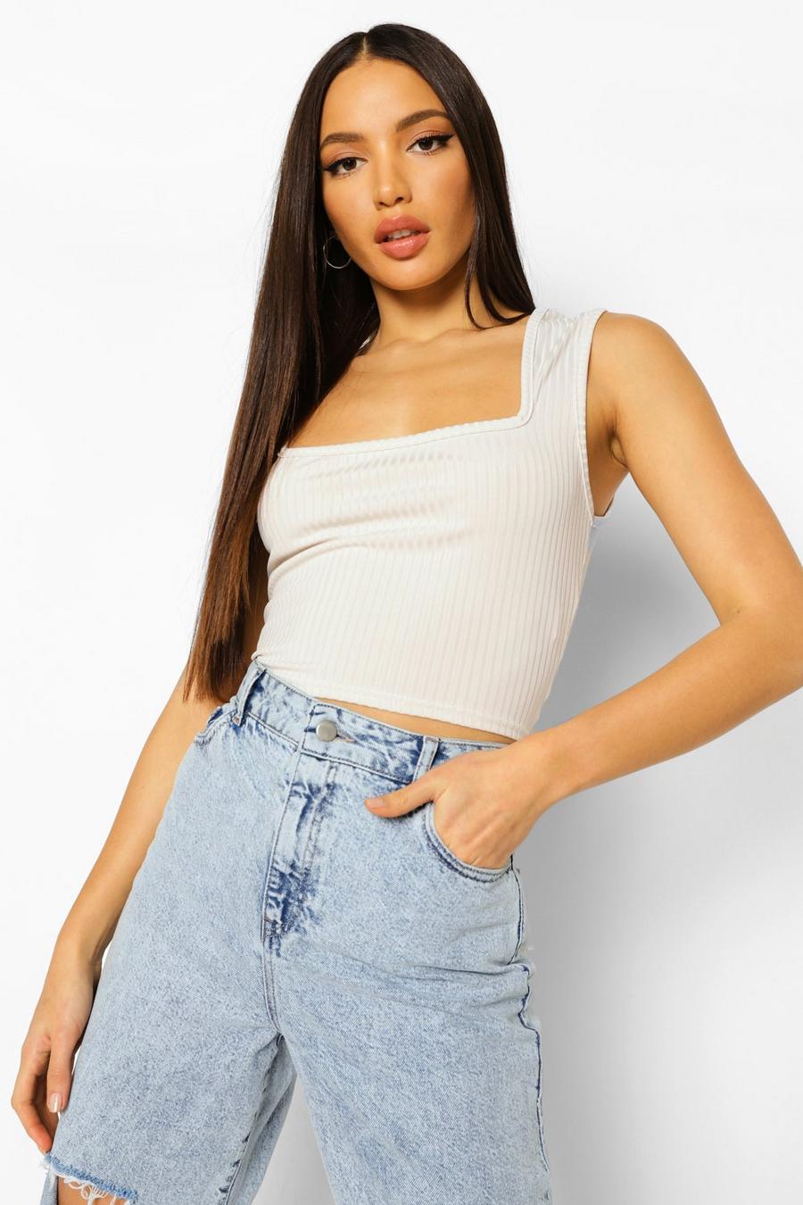 Ecru Tall Rib Square Neck Crop Top image number 1