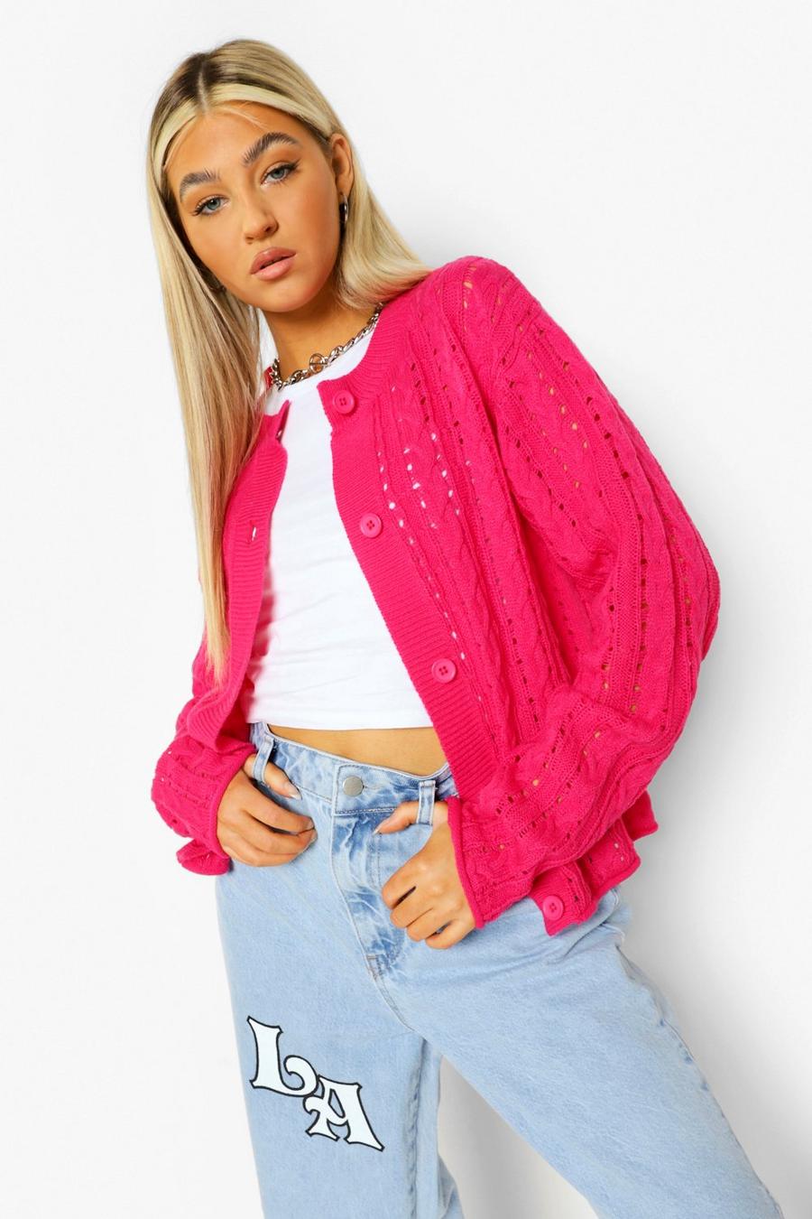 Cerise Tall Cable Knit Cropped Cardigan image number 1