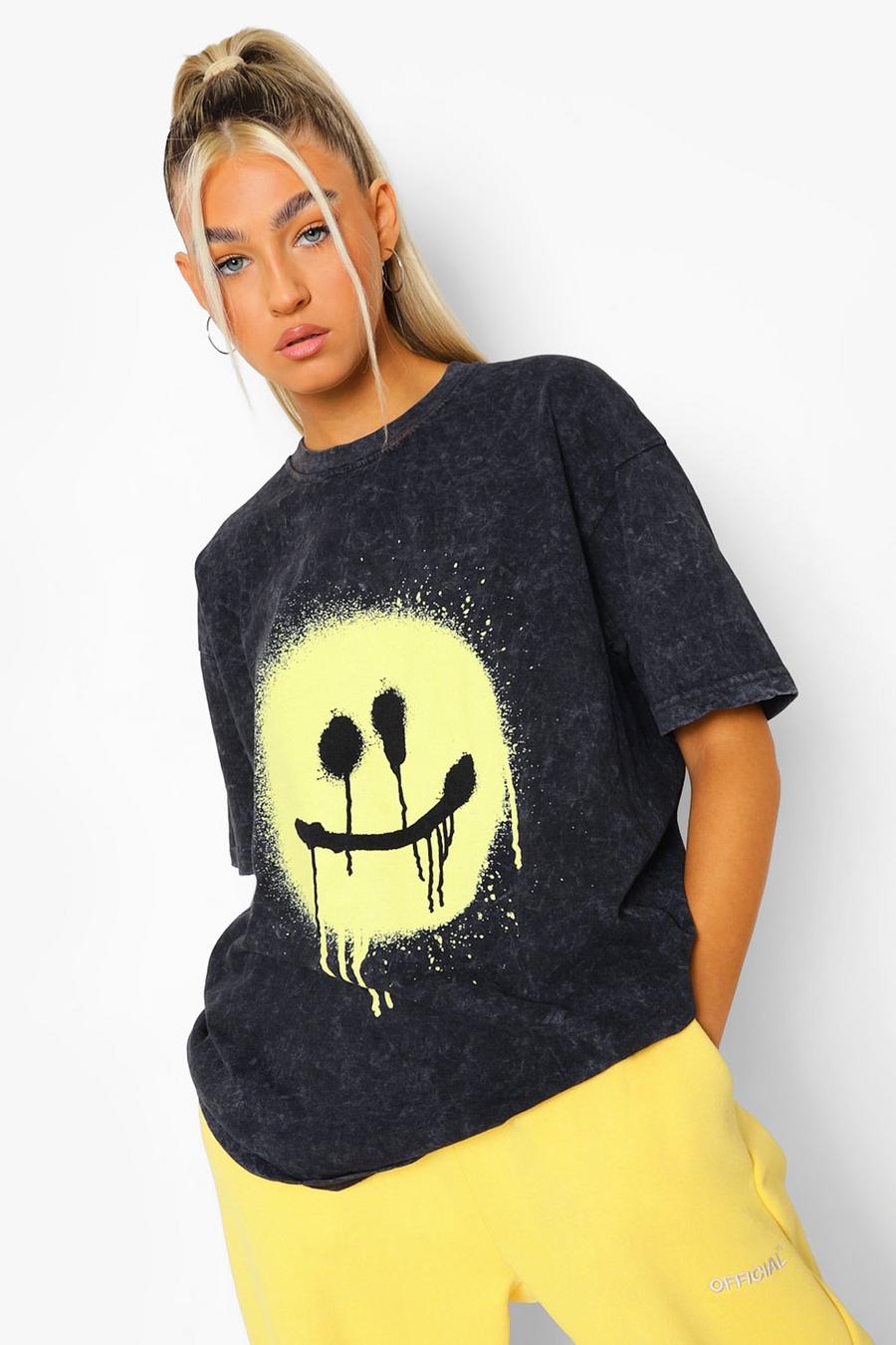 Charcoal Tall Acid Wash Gebleekt Graffiti Smiley T-Shirt image number 1