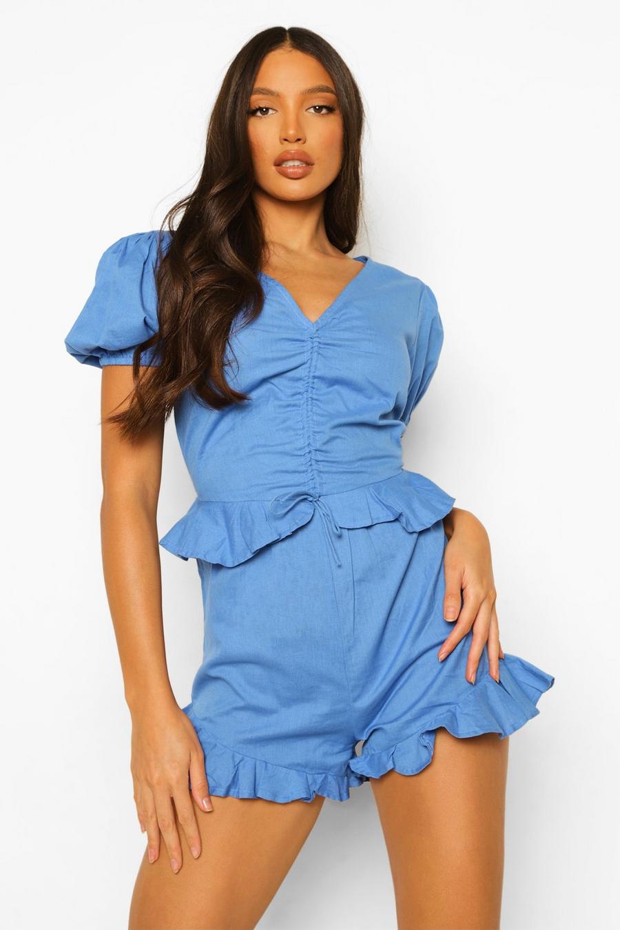 Blue Tall Cotton Linen Ruched Playsuit image number 1
