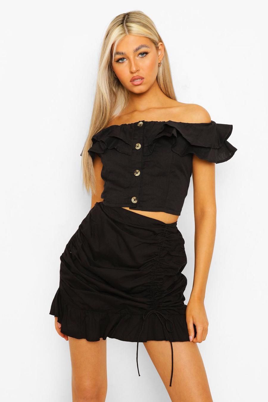 Black Tall Cotton Linen Ruffle Crop Top image number 1