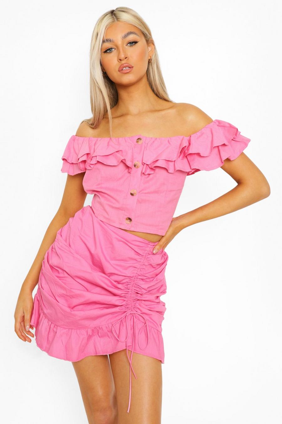 Pink Tall Cotton Linen Ruffle Crop Top image number 1