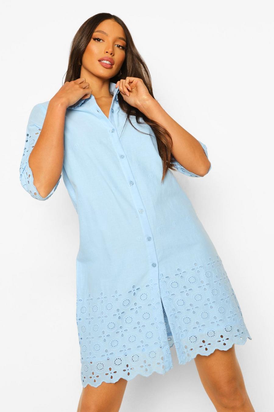 Blue Tall Cotton Broderie Shirt Dress image number 1