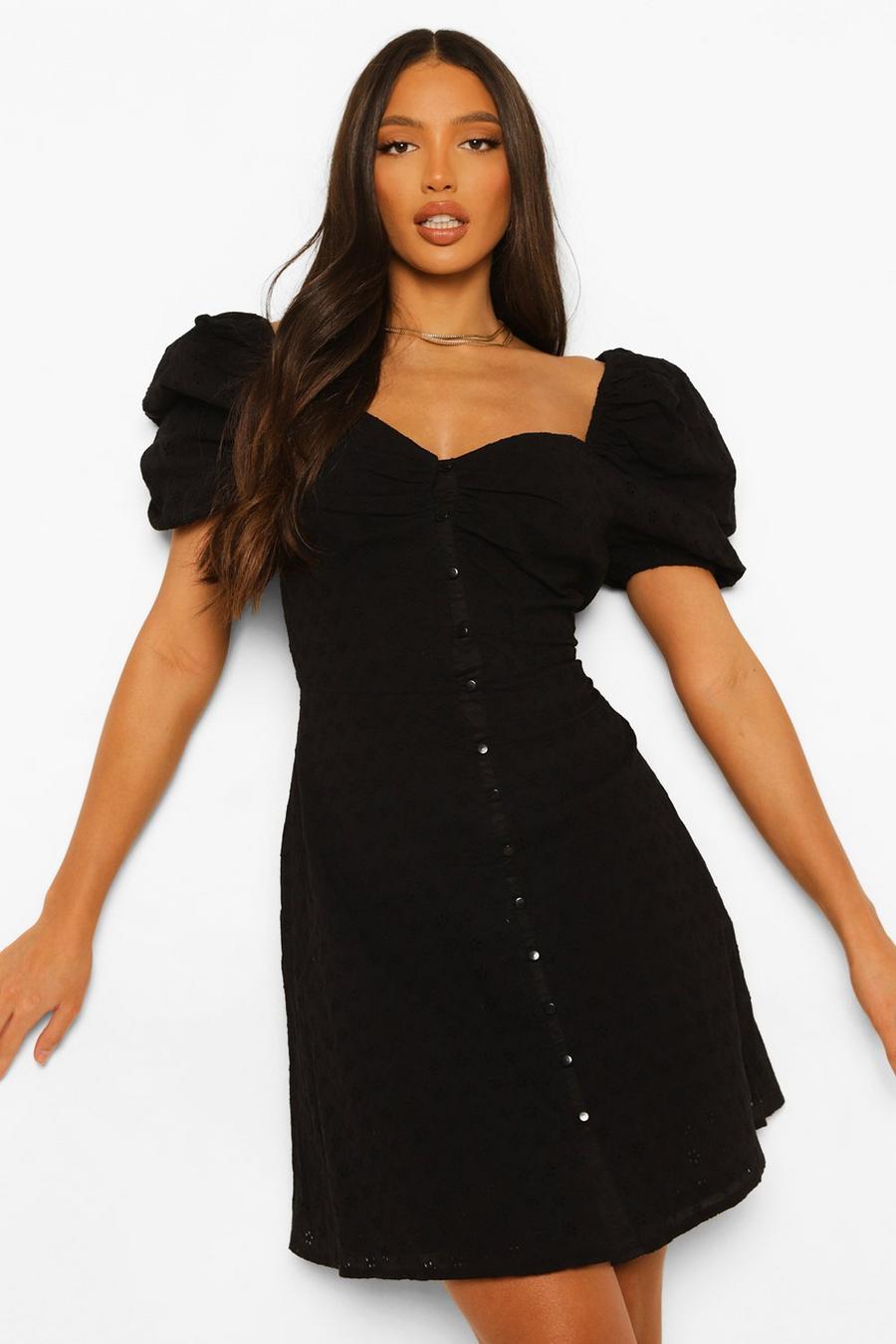 שחור negro שמלת כותנה ברודרי עם שרוולים תפוחים לנשים גבוהות 