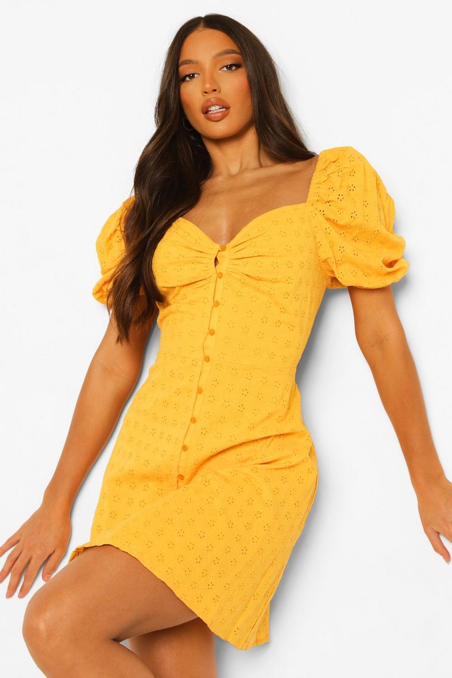 צהוב שמלת כותנה ברודרי עם שרוולים תפוחים לנשים גבוהות  image number 1