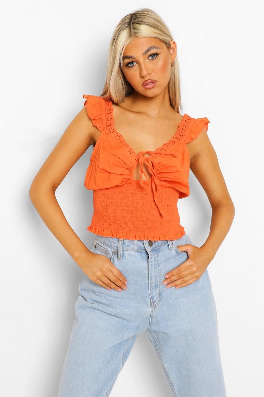 Orange Tall Cotton Linen Shirred Top image number 1