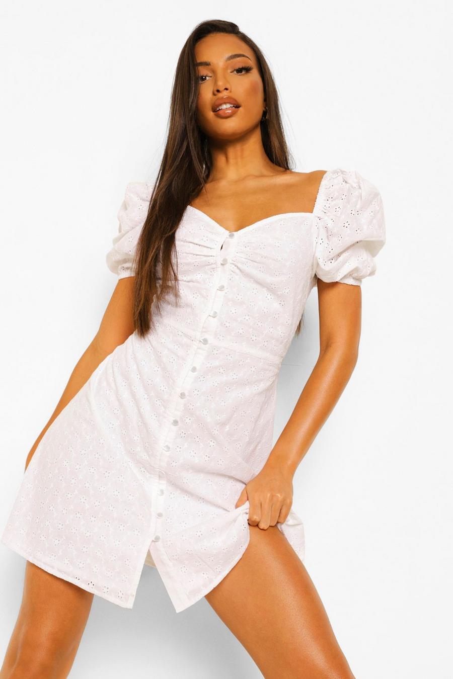 Optic white Tall Cotton Broderie Puff Sleeve Dress image number 1