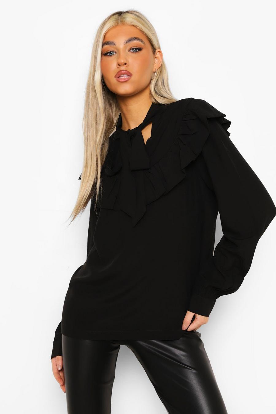 Black Tall Ruffle Detail Neck Tie Blouse image number 1
