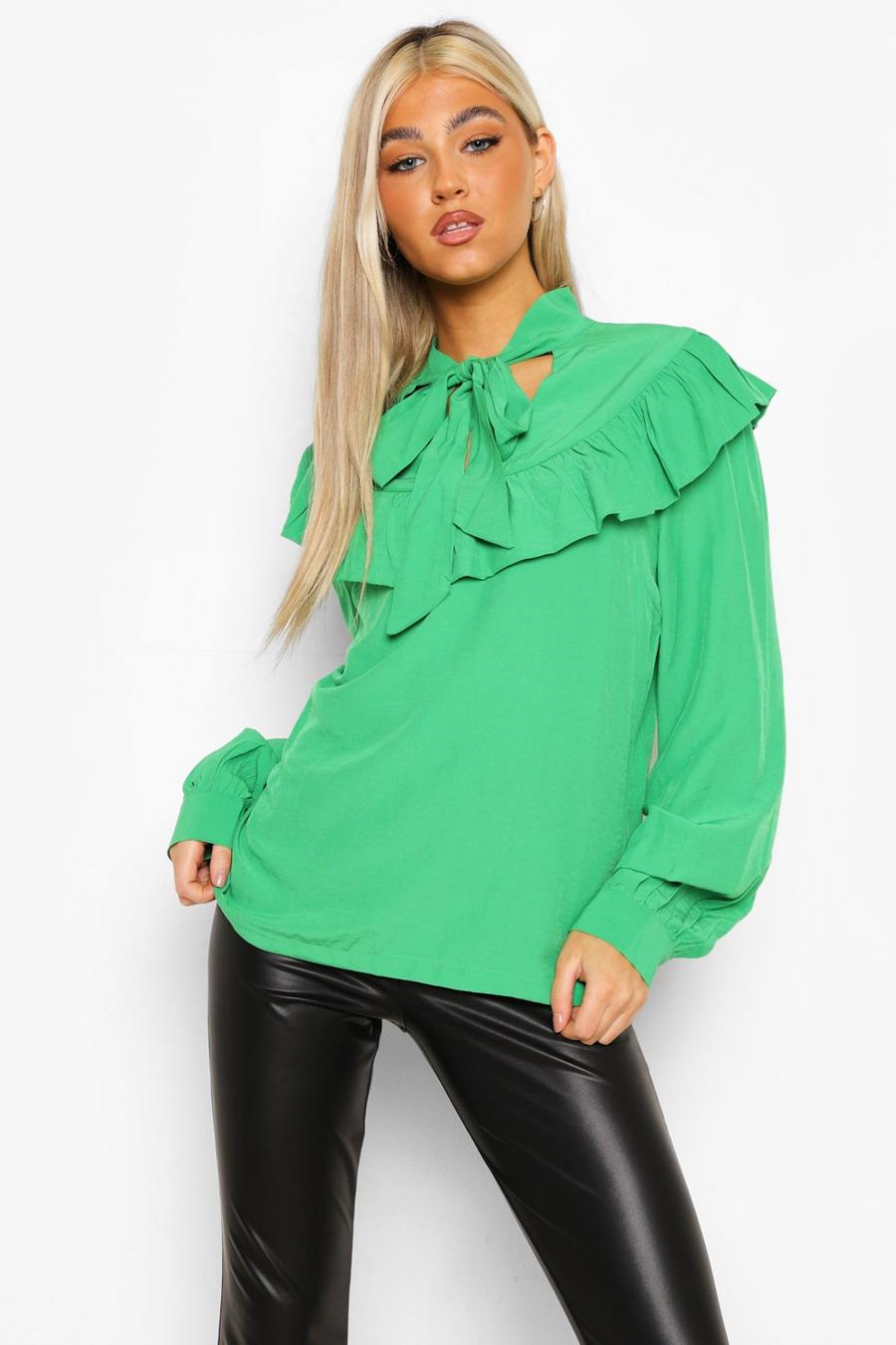 Green Tall Ruffle Detail Neck Tie Blouse image number 1