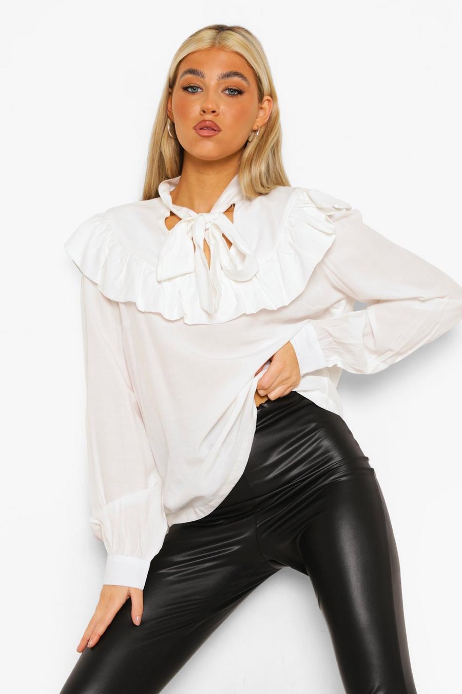 White Tall Ruffle Detail Neck Tie Blouse image number 1
