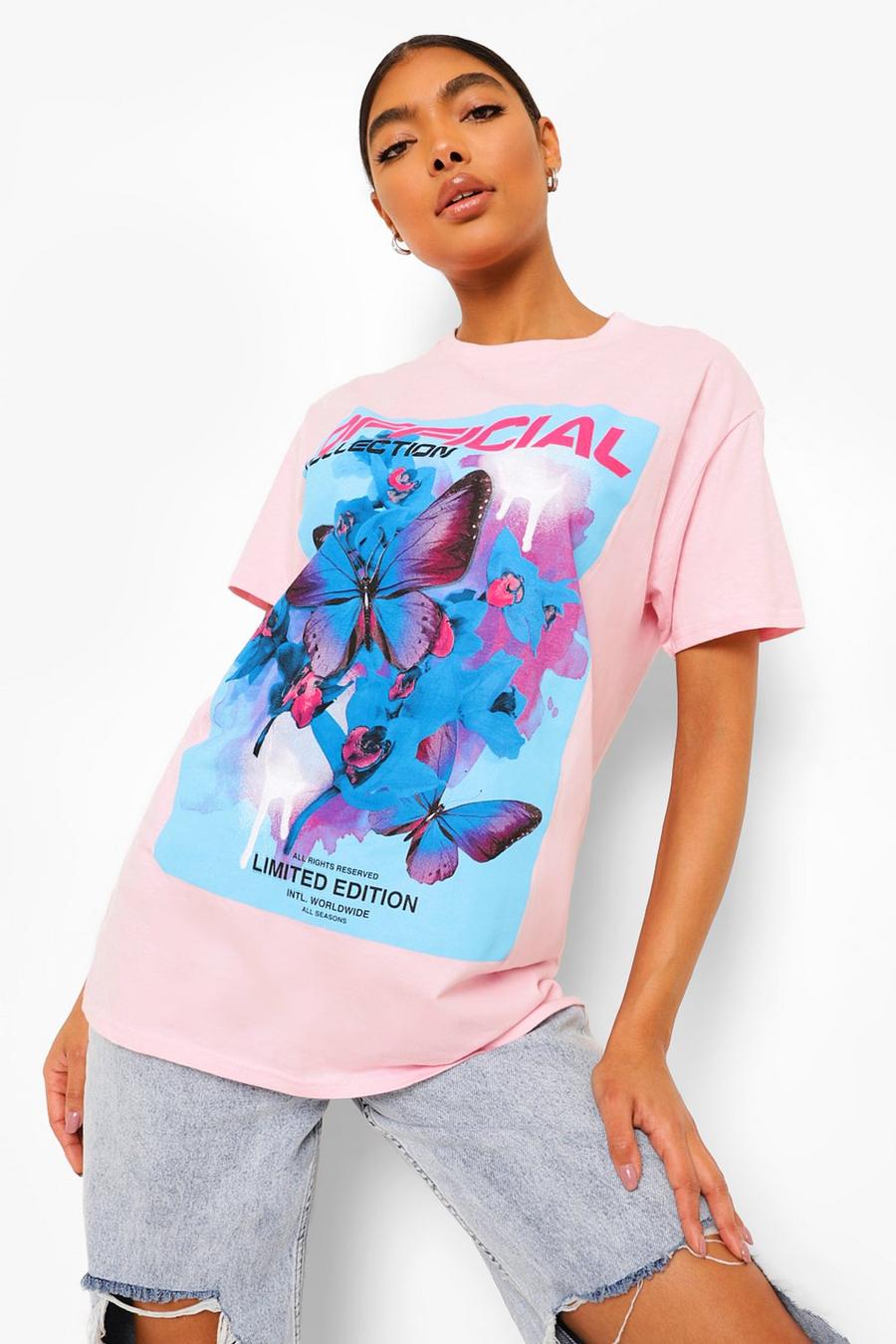 Camiseta Tall oversize con estampado de mariposa, Baby pink image number 1