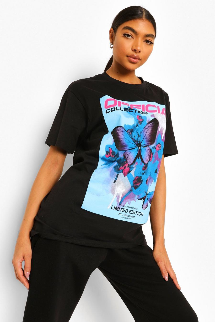 Tall Oversize T-Shirt mit Schmetterlings-Print, Schwarz image number 1