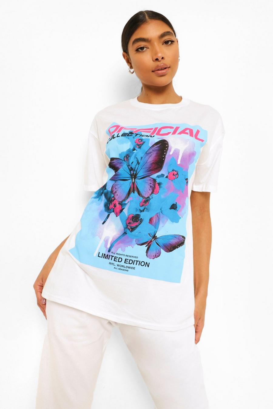 White Tall Butterfly Printed Oversized T-Shirt image number 1