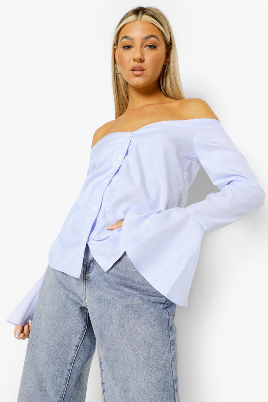 Blue Tall Off The Shoulder Flared Sleeve Shirt image number 1