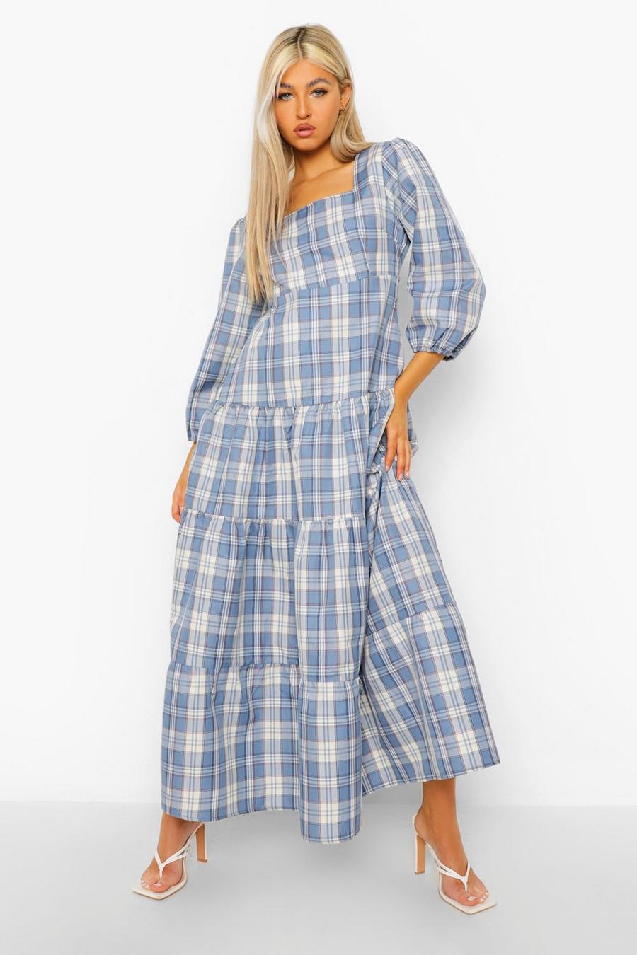 Blue Tall Tiered Check Smock Dress image number 1