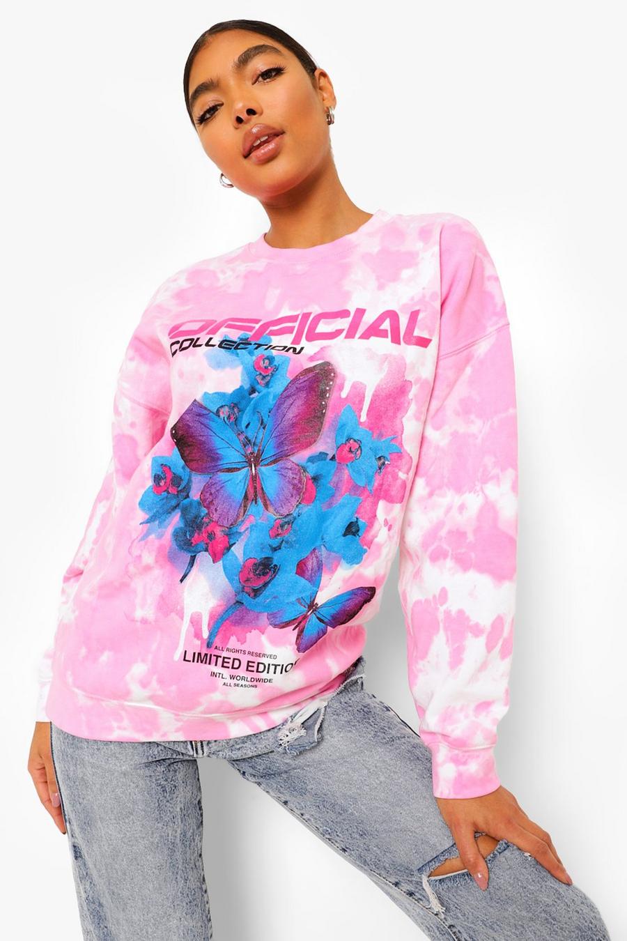 Baby pink Tall - Batikmönstrad sweatshirt med fjärilar image number 1