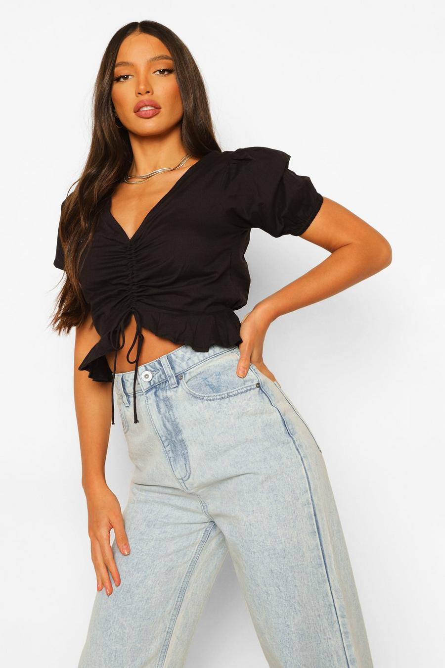Black Tall Cotton Linen Crop Top image number 1