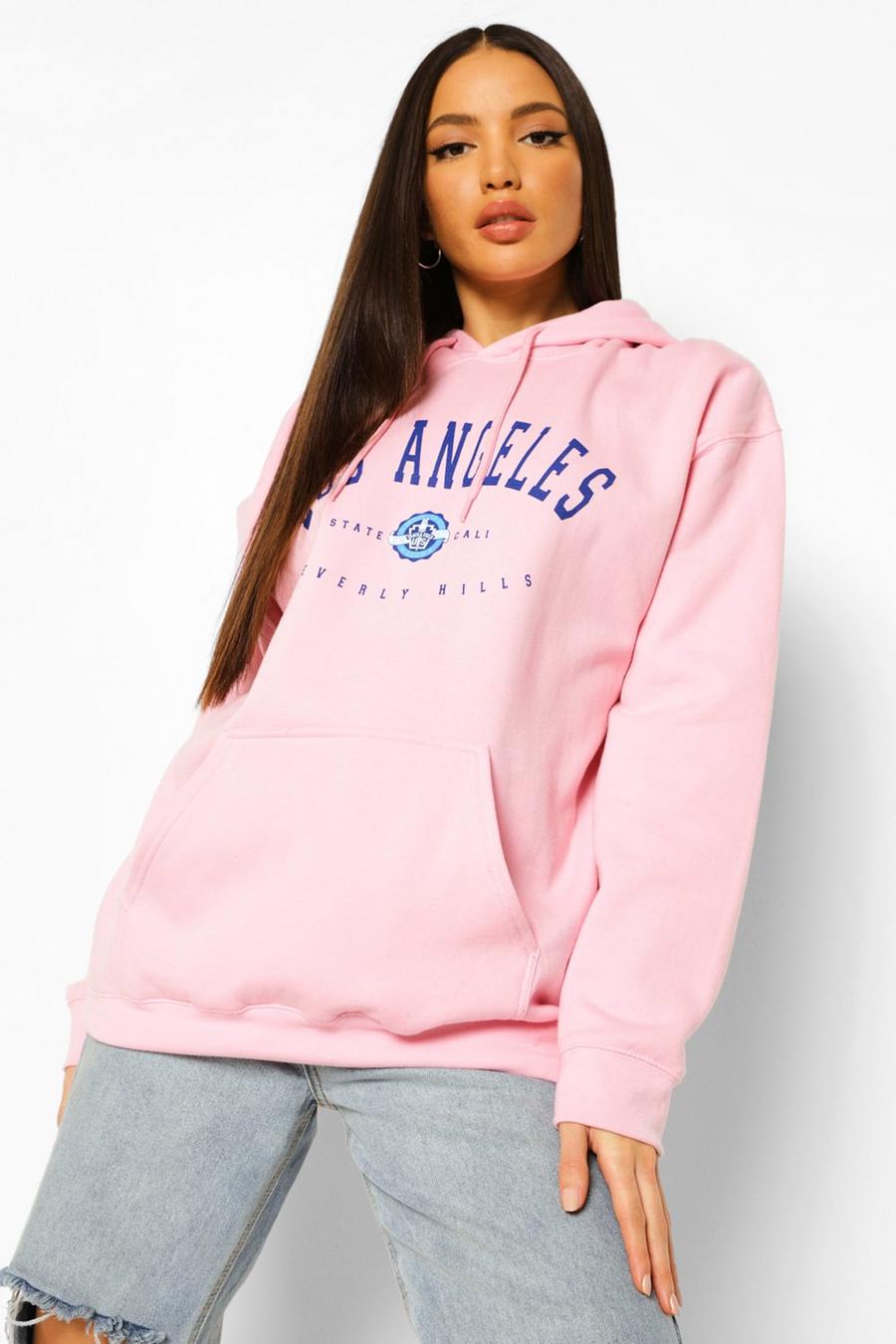 Sudadera con capucha estilo universitario con estampado Los Angeles Tall, Rosa image number 1