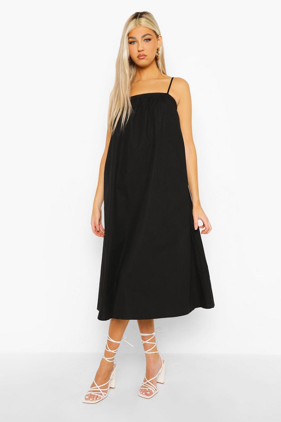 Black Tall Cotton Poplin Strappy Midi Dress image number 1