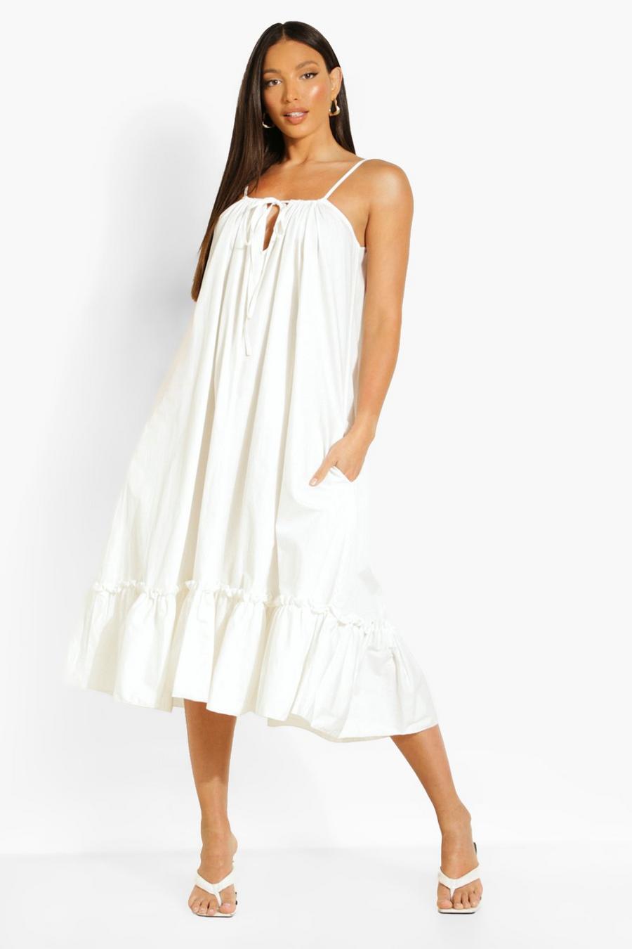 White Tall Cotton Poplin Pocket Detail Midi Dress image number 1