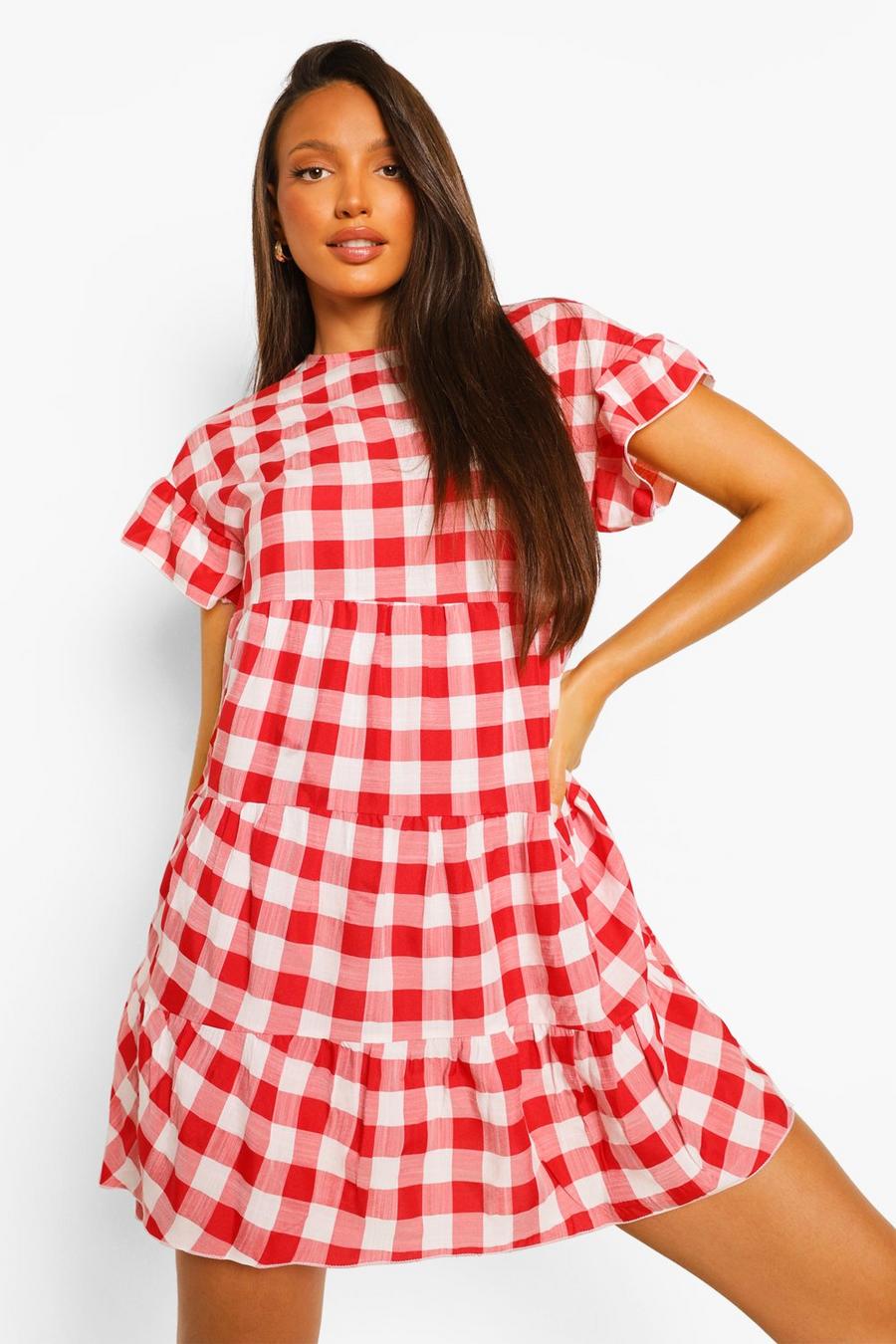 Red Tall Gingham Ruffle Sleeve Smock Dress image number 1