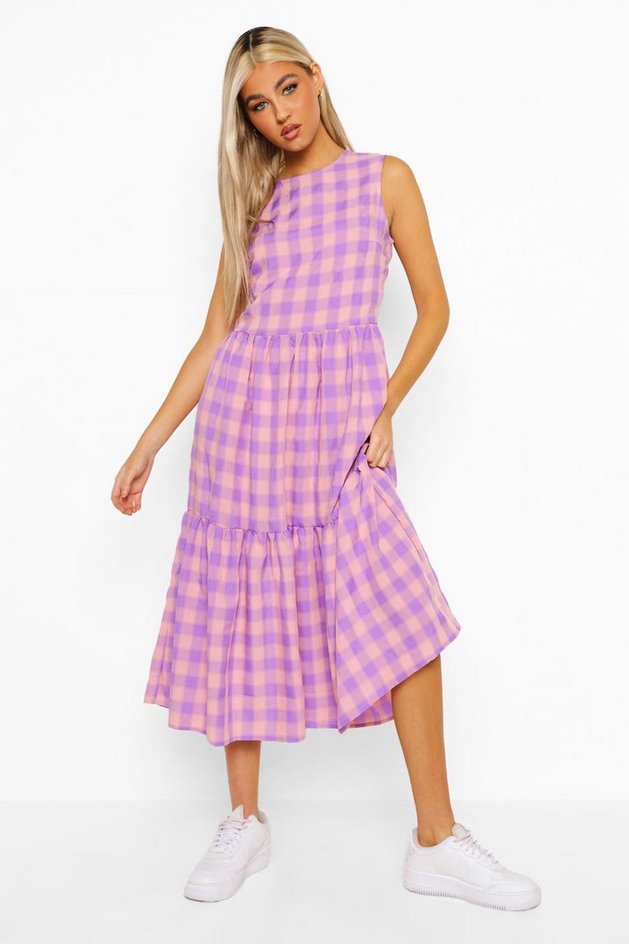 Lilac Tall Check Print Woven Midi Dress image number 1