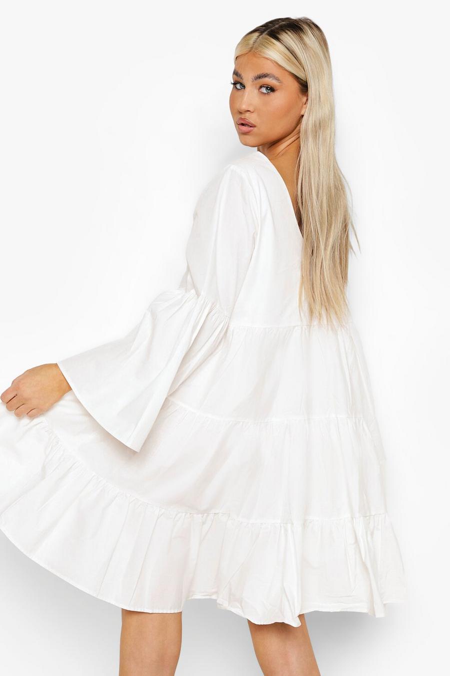 White Tall Cotton Poplin Flare Sleeve Smock Dress image number 1