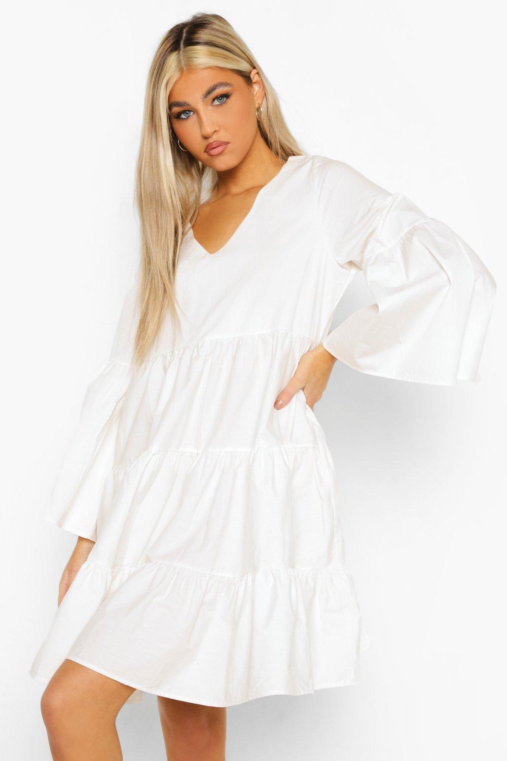 Tall Cotton Poplin Flare Sleeve Smock Dress boohoo IL