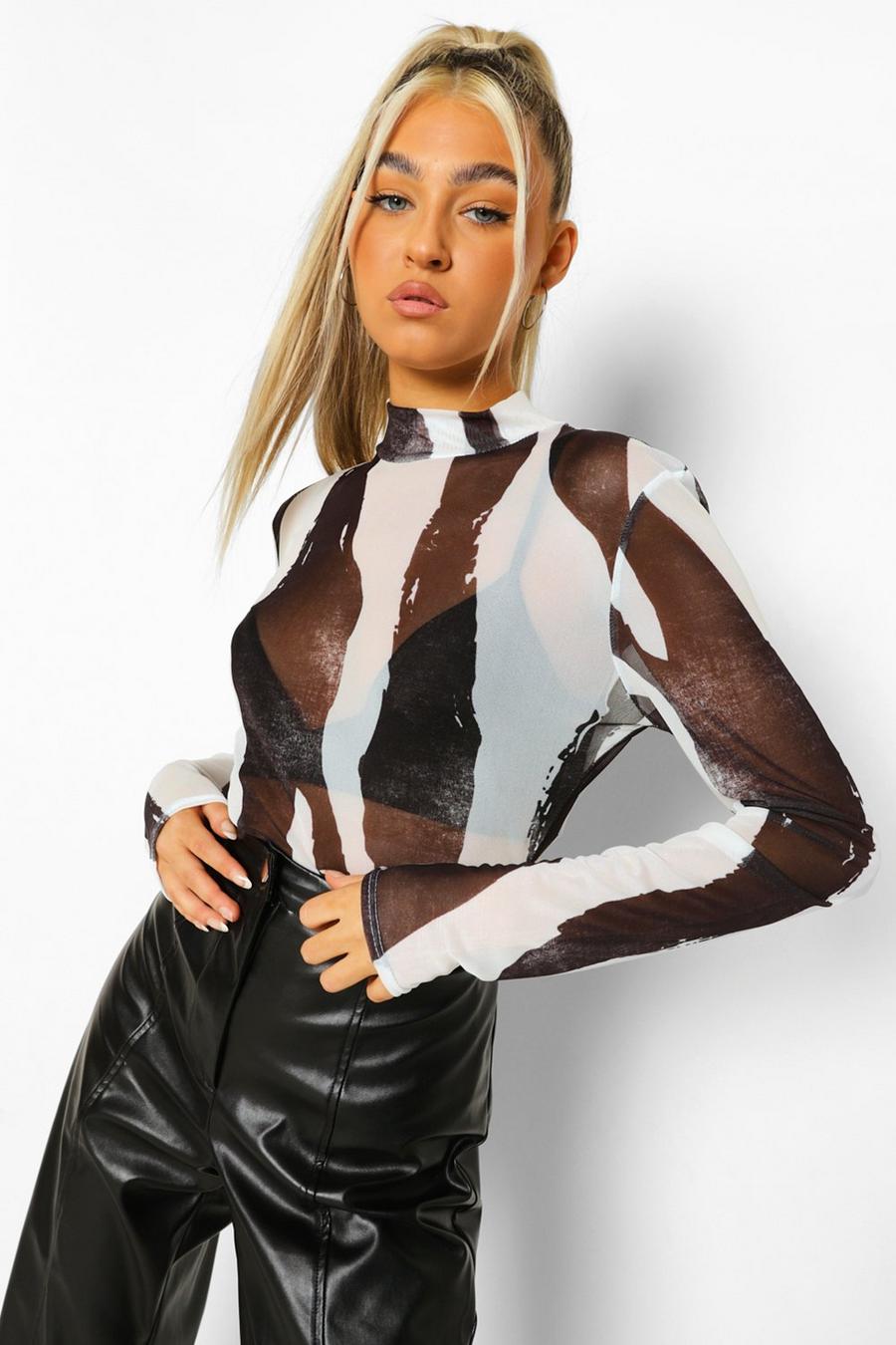 Black svart Tall Mesh Zebra Print Bodysuit image number 1
