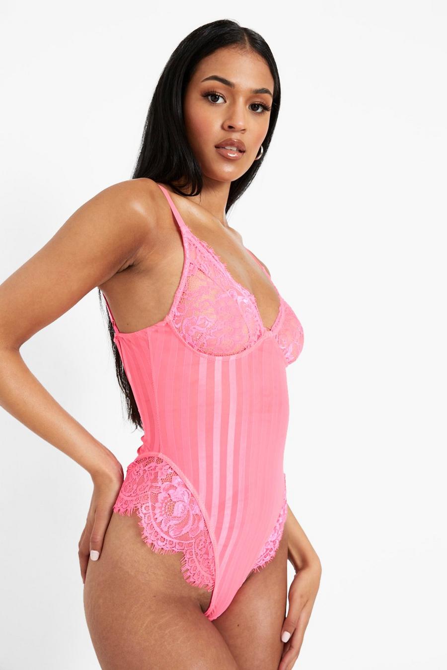 Pink Tall Eyelash Stripe Lace Mesh Bodysuit image number 1