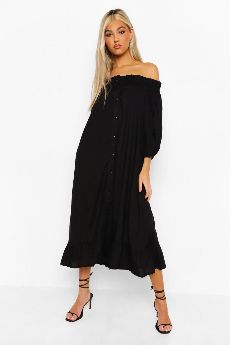 Black Tall Off The Shoulder Button Ruffle Woven Midi Dress image number 1