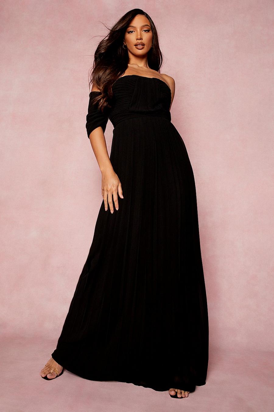 Black Tall Pleated Bardot Maxi Bridesmaid Dress image number 1