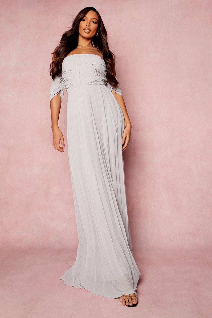 Grey Tall Pleated Off The Shoulder Maxi Bridesmaid Dress image number 1