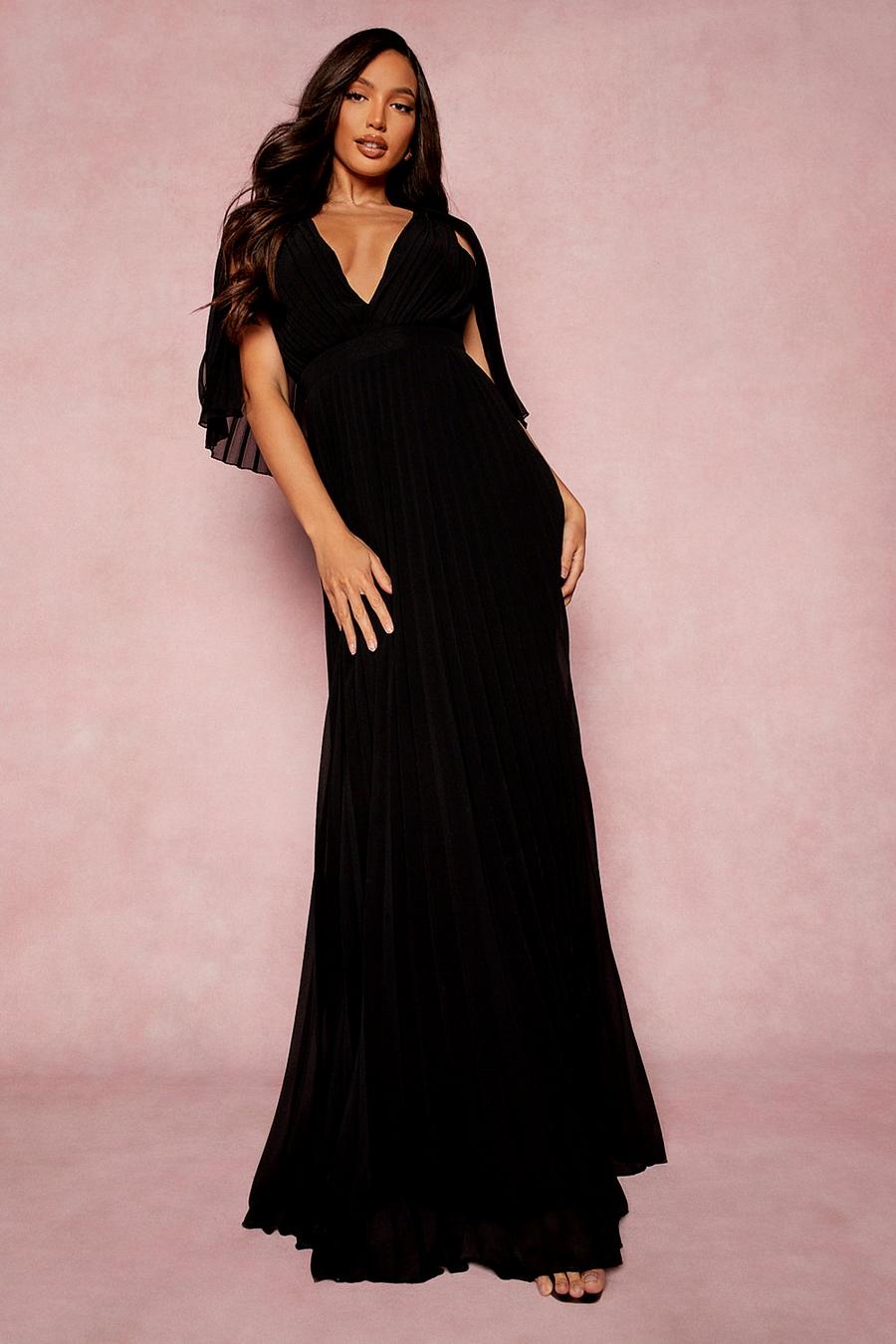 Black Tall Pleated Cape Maxi Bridesmaid Dress image number 1