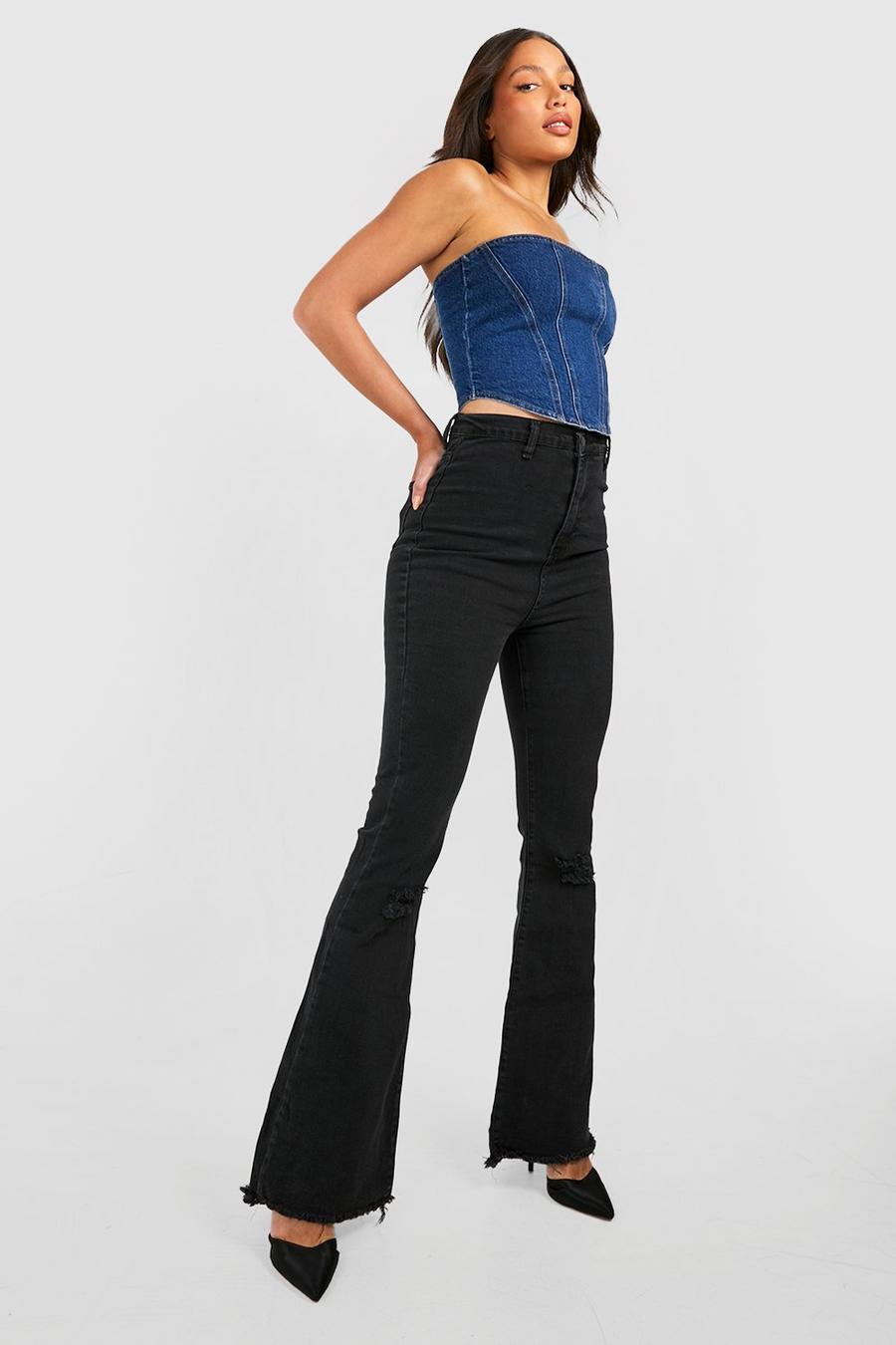 שחור negro מכנסי ג'ינס High Waisted מתרחבים מבד נמתח עם קרעים לנשים גבוהות image number 1