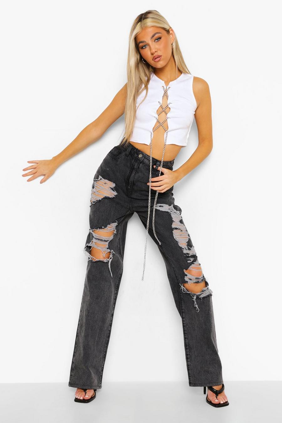 Tall Weite High-Waist Jeans in Destroyed-Optik, Dunkelgrau image number 1