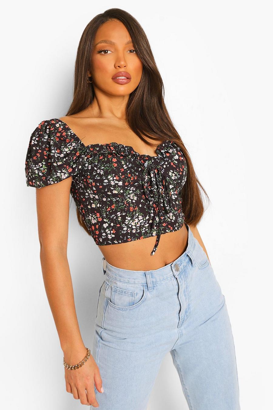 Black Tall Floral Lace Up Corset Style Crop Top image number 1